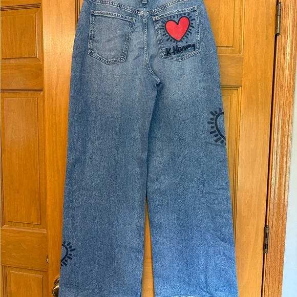 H&M Blue Keith Haring Heart-Patterned Wide Leg Jeans - Picture 2 of 10